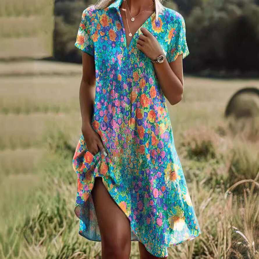 European and American Summer New Round Neck Short sleeved Long Skirt Bohemian Printed Dress Women's 2025 temperament versatile new trendy clothin