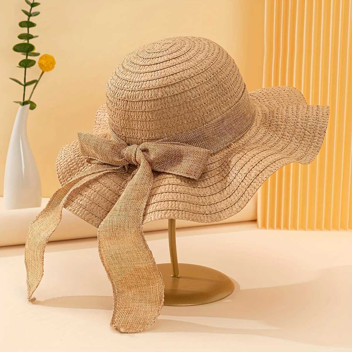 1 piece of womens oversized Brim Str hat womens summer sun hat large Brim sea hat bow beach hat suitable for sun protectionXJ250304