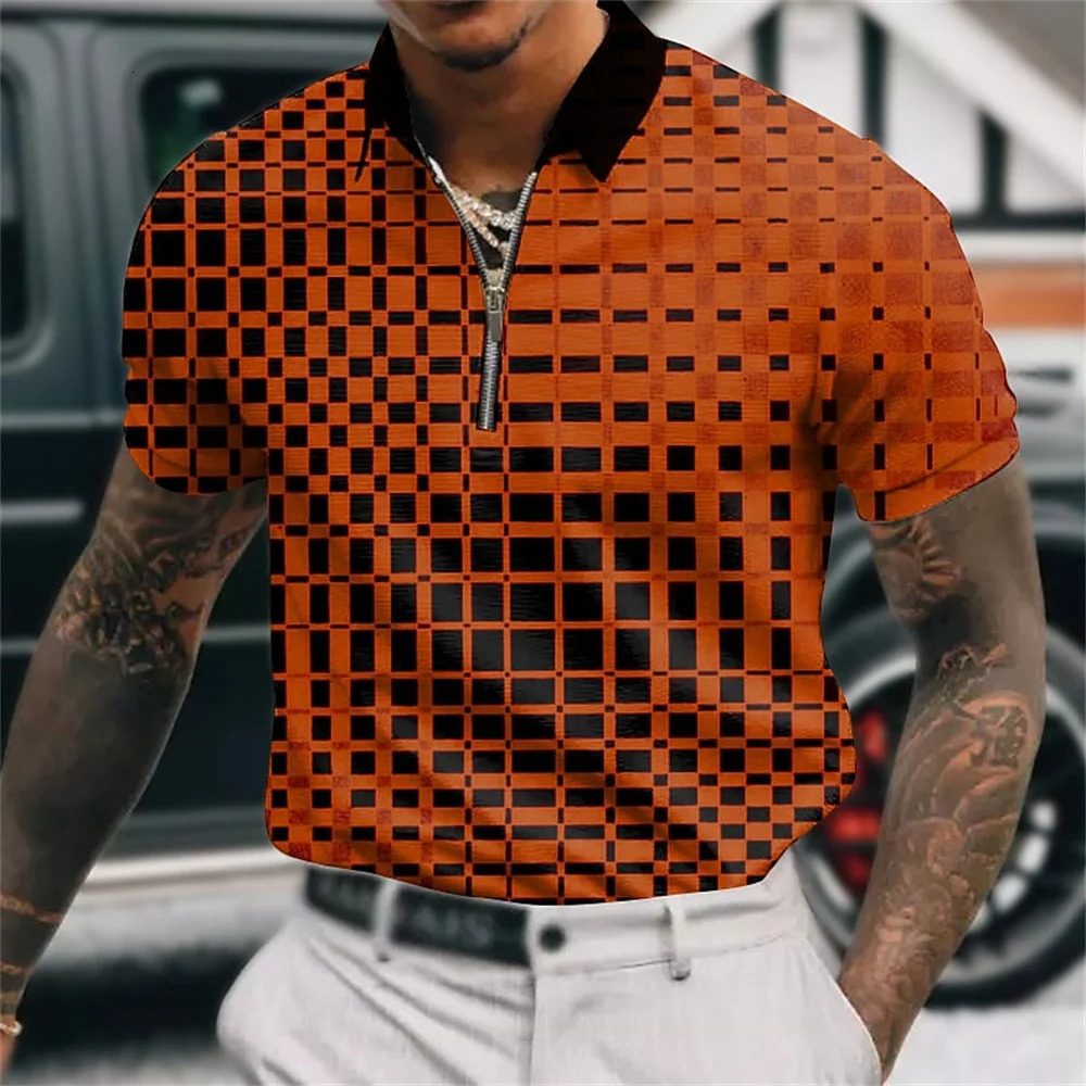 MenS Polo Shirt Plaid Print Zip Polo T-Shirt Summer Short Sleeve Daily Casual Golf Shirt High Quality Tops Fashion Men Clothing 250304