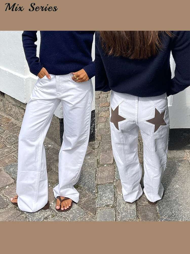 Star Print Straight Leg Jeans Women Casual Pocket Zipper Low Waist Long Denim Pants 2025 Spring New Lady Loose Bottom Streetwear