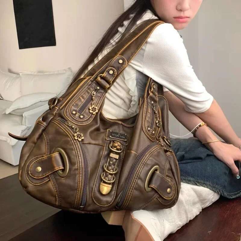 Xiuya Y2k Vintage Womens Shoulder Large Capacity Casual Pu Leather Tote American Retro Designer Ladies Armpit Bag