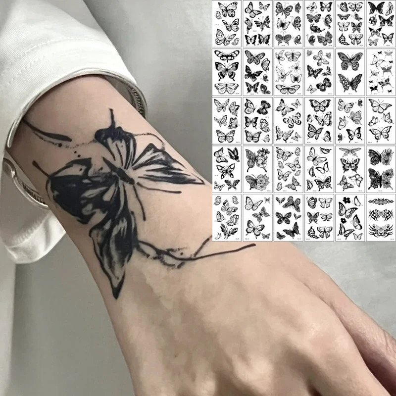 Black Butterfly Temporary Tattoo Stickers 30 piecesset 3D Transfer Waterproof Leg Arm Female Body 250219