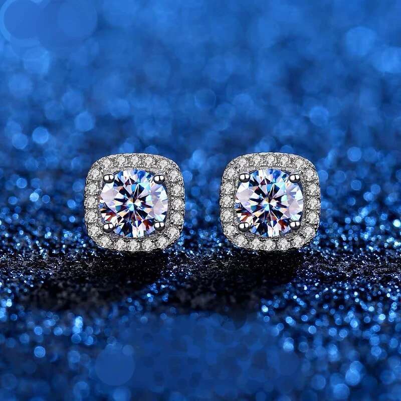 D Color VVS1 Moissanite Square Stud Earrings Women Sterg Sier Moissanita Ear Studs Platinum Finish Pass Dia Tester