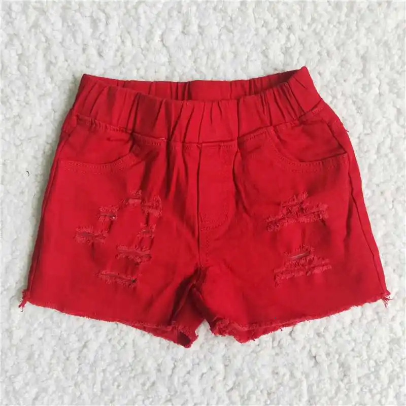 Western Kids Clothing Infant Toddler Baby Girl Summer Fashion Red Denim Shorts Jeans Wholesale Boutique Children Clothes 250304