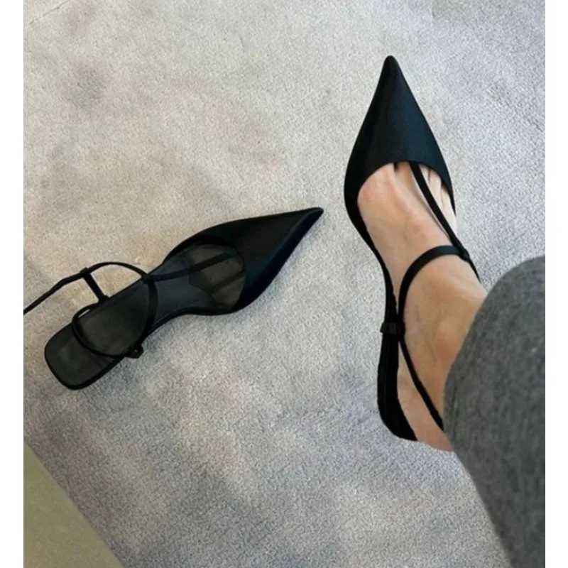 New Elegant Satin Pointed Toe Back Empty Sandals Wens e-word Buckle Sexy Kitten Heel Wens High Heel Pumps Sandals Y250303