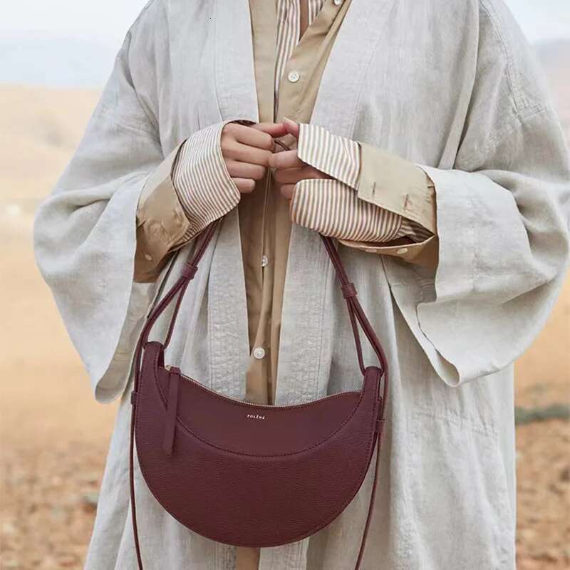 Exquisite Women's Crescent Shaped With Lychee Pattern Cowhide, Shoulder And Armpit Saddle Bag, Diagonal Cross Bag