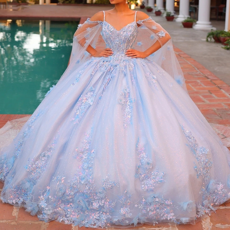Sky Blue Shiny Quinceanera Dresses Ball Gown Off Shoulder Applique Lace Beads Tull Corset Sweet 16 Dress Vestidos 15 De Anos