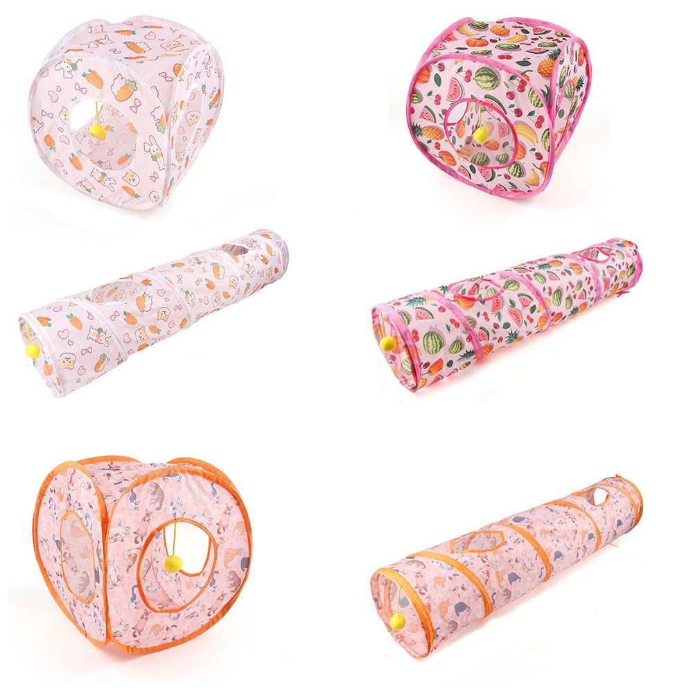 Printed Cat Play Tunnel Long Straight Channel Foldable Cat Tent Nest Square Channel with Furry Ball Cat Channel Small Pet