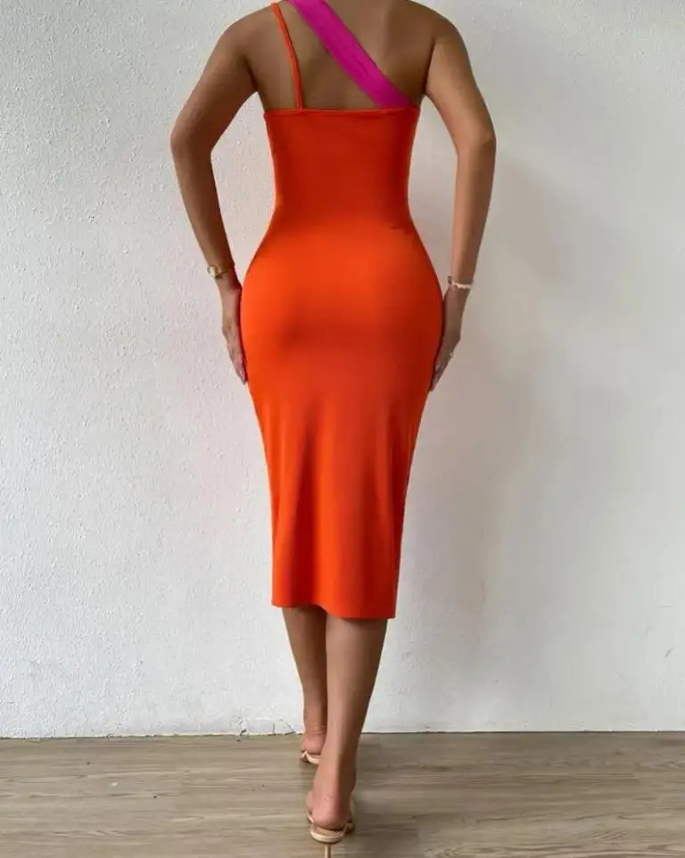 Sexy Womens Dresses Summer Fashion Colorblock Patchwork Cutout One Shoulder Sleeveless Midi Bodycon Slit Dress 250303 C260312