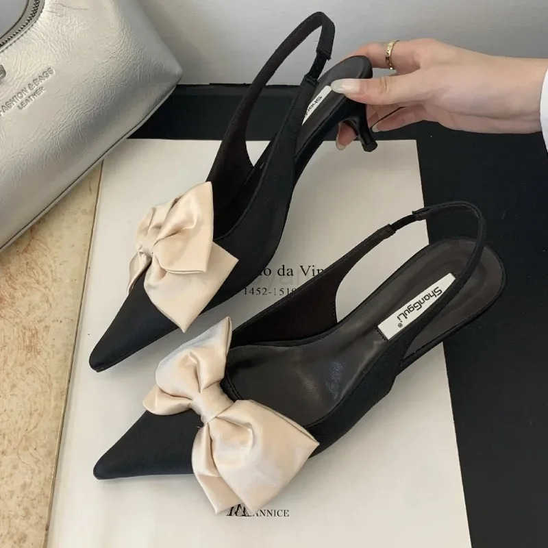 Designer Bow Slingback Sandals Wen Summer New Fi Pointed Toe High H Fem Hollow Elegant Dress Shoes Wen Pumps Z250304