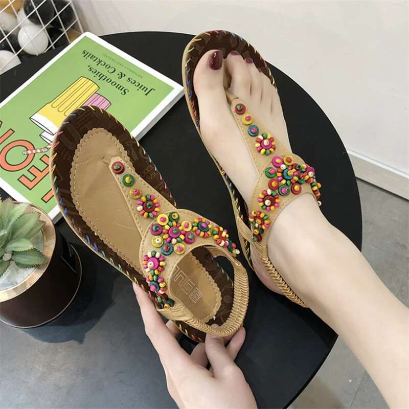 Bohemian Style Women Bead Flip ps Fashionable Comfortable Summer Colorful Sandals Flat Bottom Sandalias