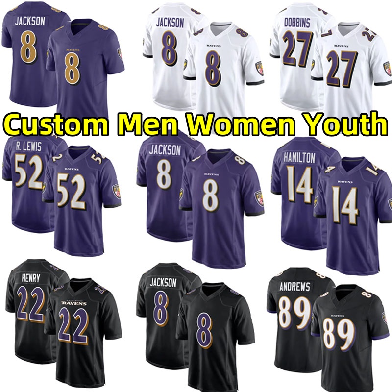 Baltimor Raven Football Jerseys Lamar Jackson Derrick Henry Kyle Hamilton Ray Lewis Zay Flowers Mark Andrews J.K. Dobbins Ed Reed Roquan Smith Nate Wiggins Jersey