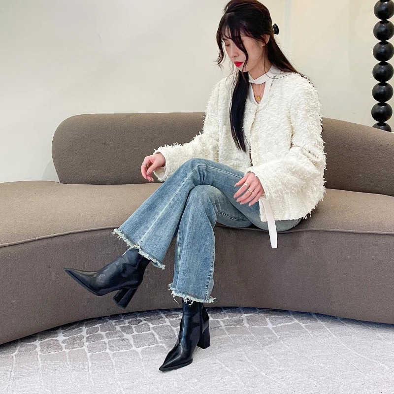 Pointed Toe Wen Ankle Boots Fion Elegant Soft Leather Shoes Thick Heel Wens Modern Short Booties Z250304