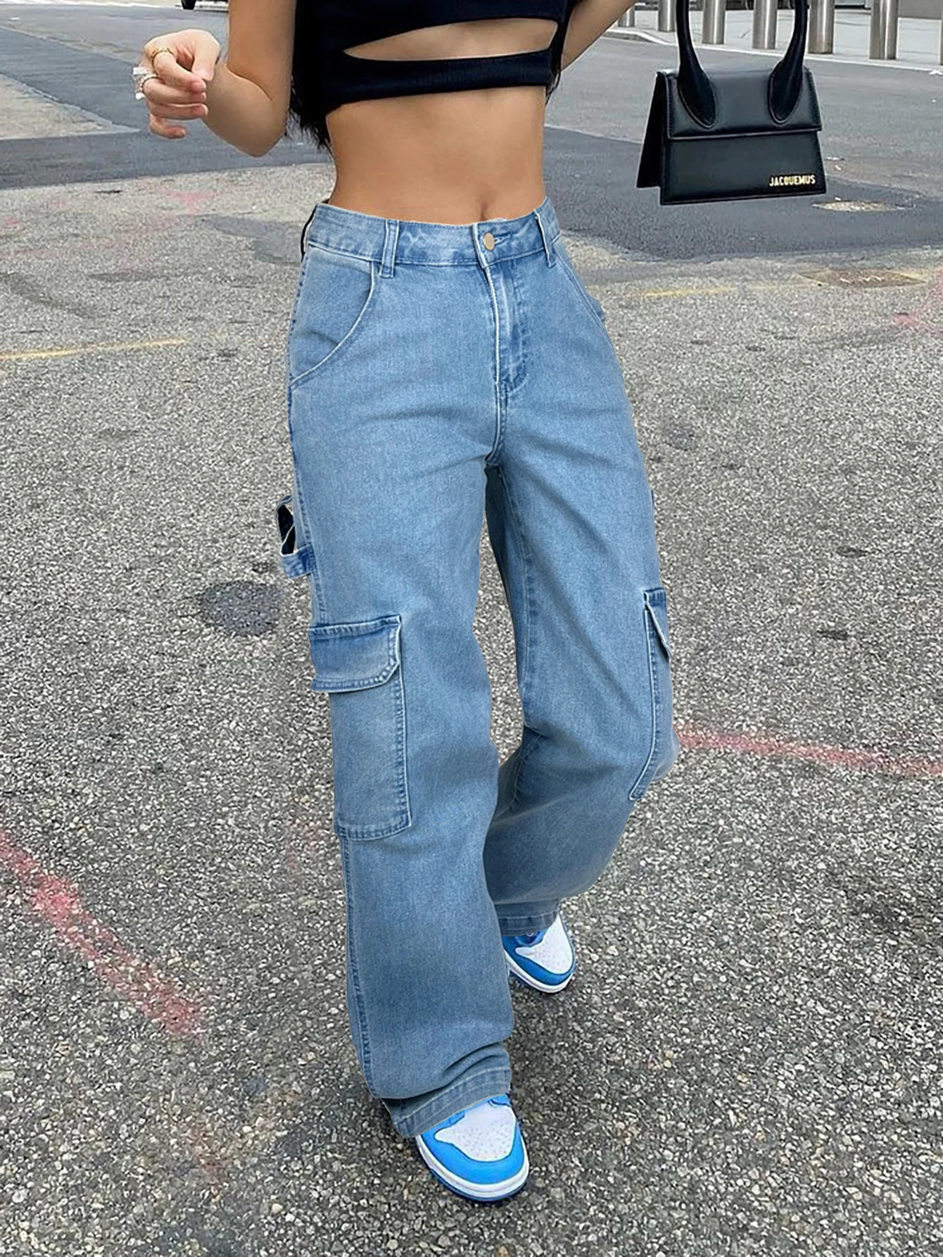 Womens pure washed blue denim top retro style fashionable pocket street jeans comfortable womens on the 250227