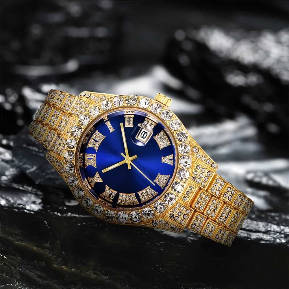 Fashion Business Diamond-Studded Mens And Womens Roman Scale Calendar Hip Hop Gold Green Full DiamondXJ250304