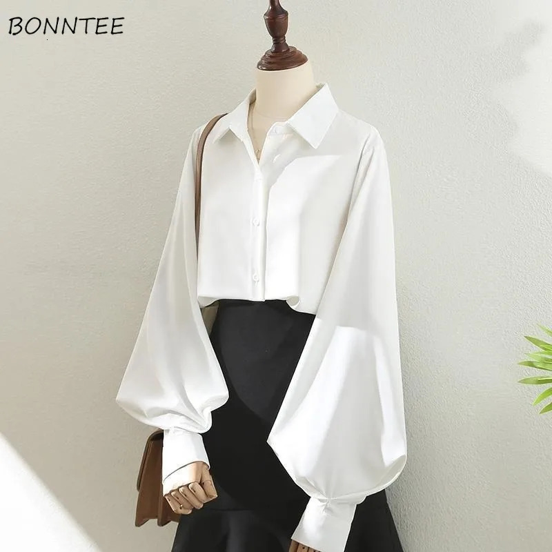 Blouses Tops Women White Black Long Lantern Sleeve Office Lady Temperament Autumn Winter Basic All-match Chic Female 250228