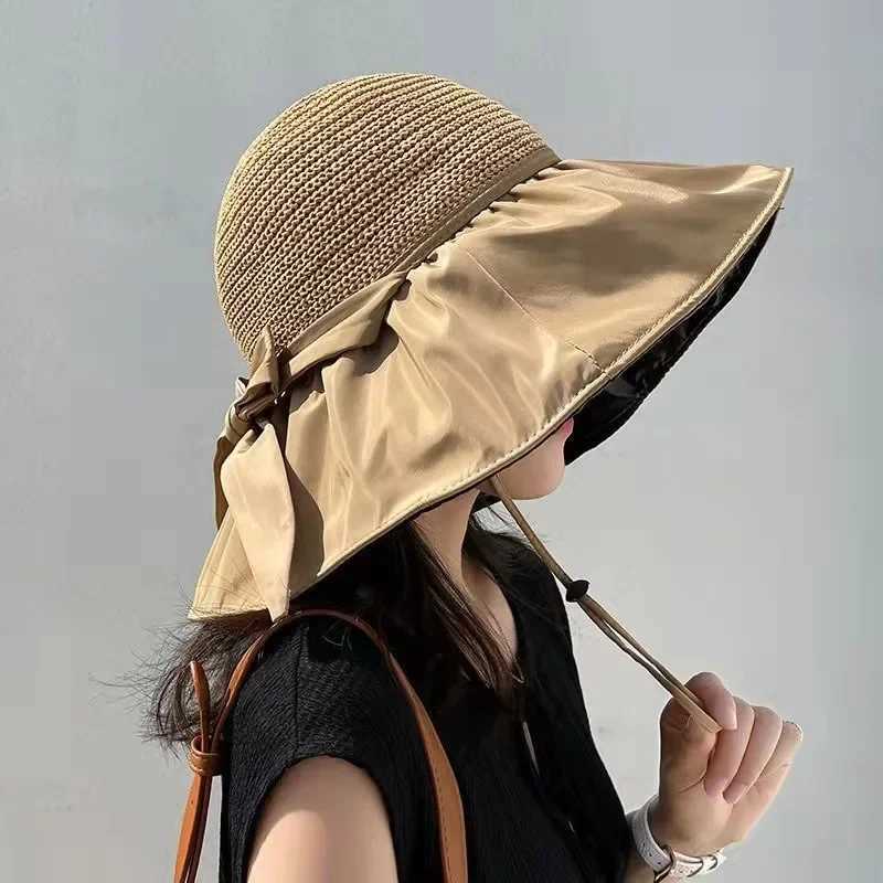 Metal Label Bow Knit Sun Hat Big Brim Breathable UV Protection Visor Cs For Women Men Summer Travel Sport Hiking Beach HatXJ250304