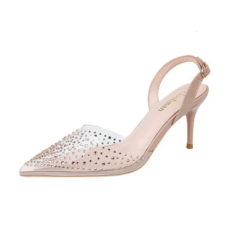 Rhie Fashion Transparent Sandals For Women Black Buckle High Heel Shoes Pointed Toe Crystal Shallow Ladies Dress Pumps