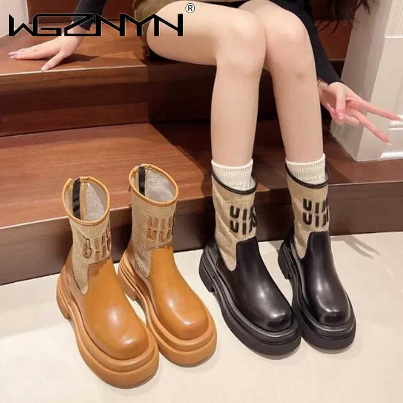 High-quality Brand Punk Autumn Ankle Boots Wens Winter Knitted Mid-tube Boot Platform Heeled Round-toe Shoes Botas De Mujer Z250304