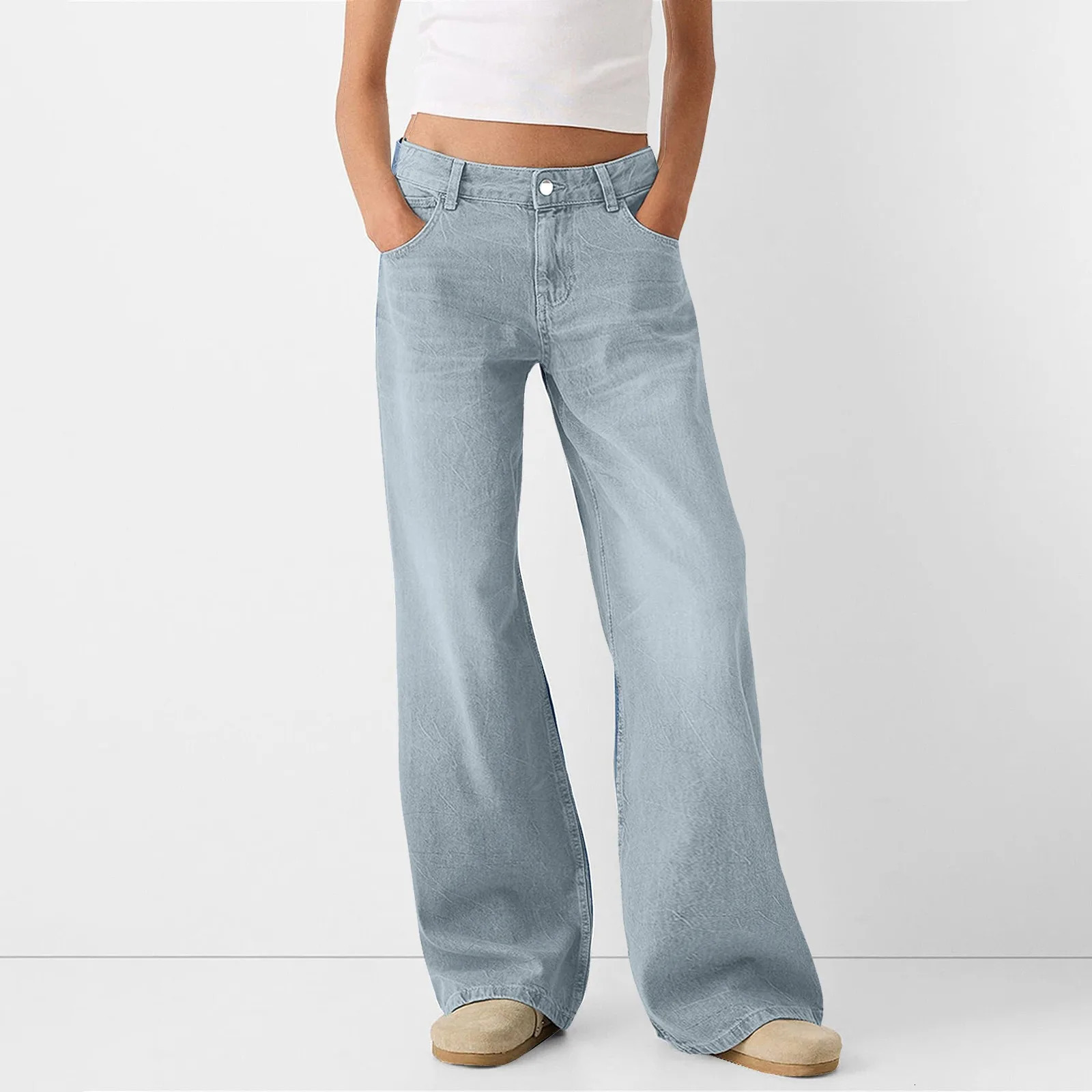Womens Fashion Denim Jeans Retro Loose Straight Pants Mid Waist Button Pocket Trouser Casual De Mujer Pantalon 250227