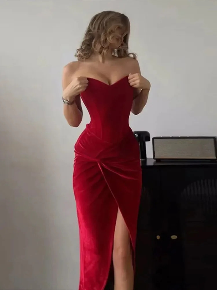 Red Strapless Velvet Knot Dress, Back Lace Up, Waist Cinching, Party & Evening Wear C260312