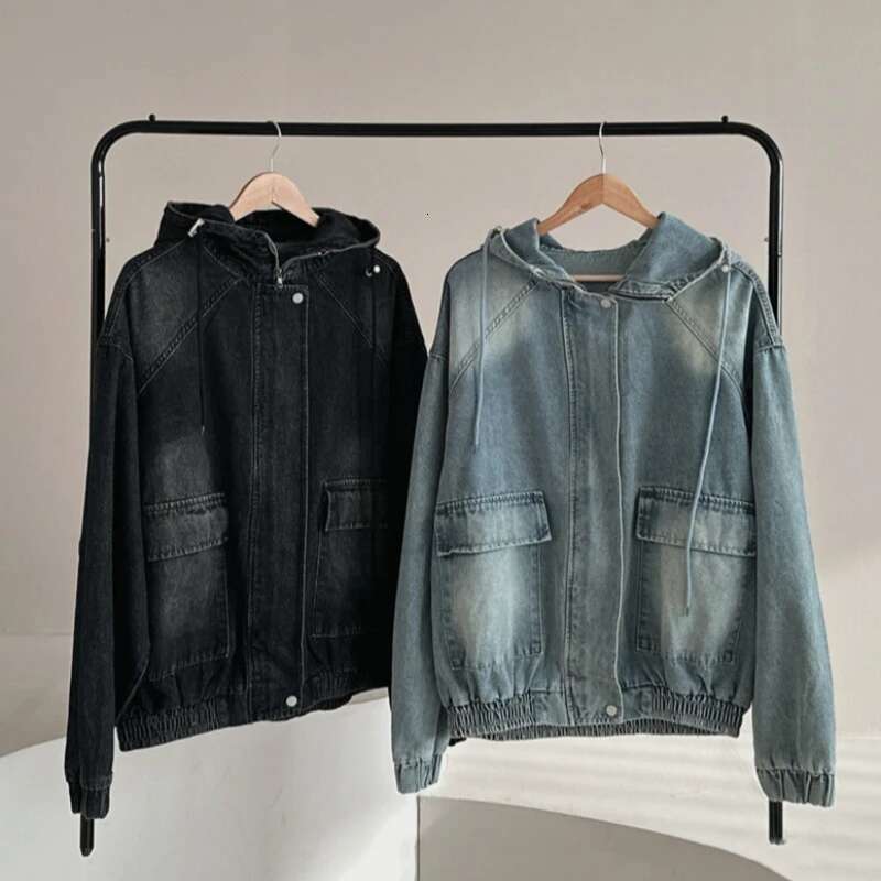 Fashion Drawstring Hooded Denim Jacket Women's Loose Zipper Long Sleeves Casual Black Jackets New Tide
