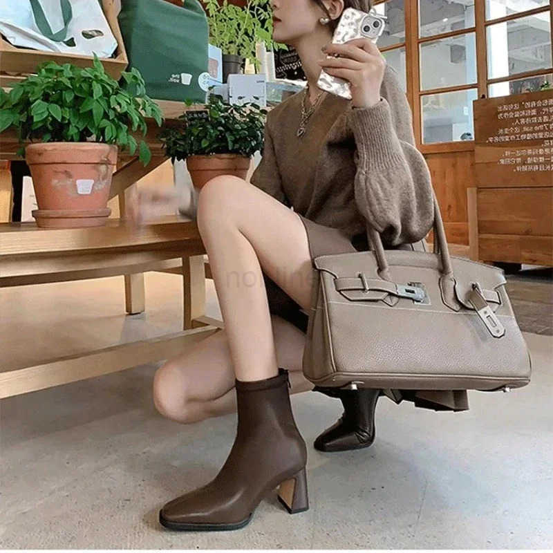 Wens Fion Ankle Boots Winter Square Toe Leather High H 2025 Back Zipper Cfortable Warm Elastic Boots Botas De Mujer Z250304