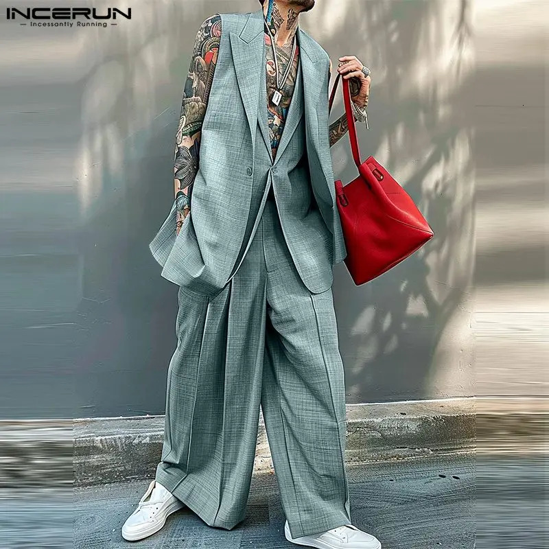 INCERUN Men Blazer Suit Notch Collar Sleeveless One Button Double Layer Blazer Vest And Solid Color Long Pants 2Pcs Pantsuit 250303