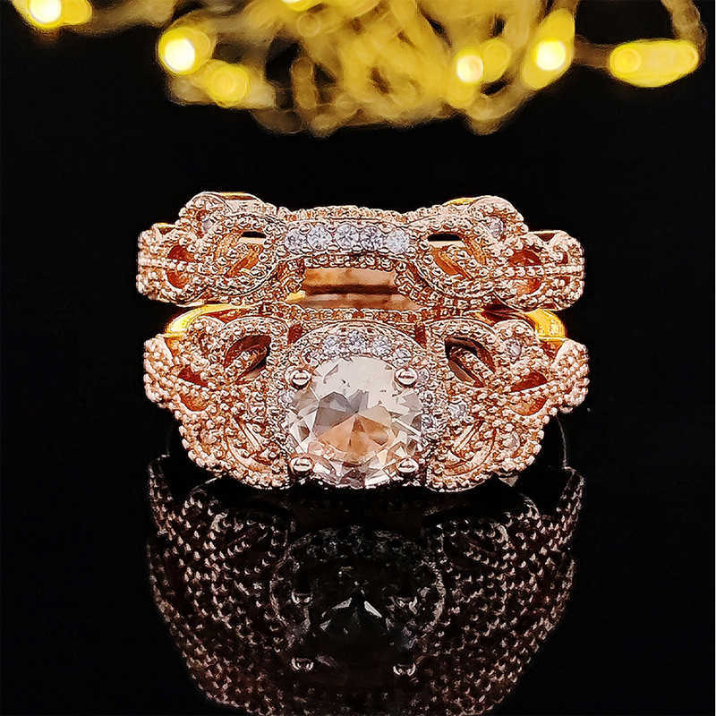 Couple Rings New E-style trendy leaf crystal zircon two-piece ring set r5056 H25303