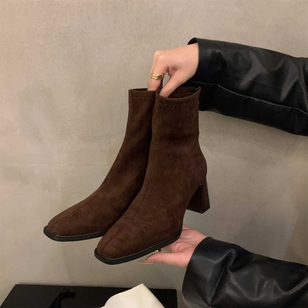 High Heel Korean Small Ankle Boots Suede Riding Boots Wens Shoes 2024 New Autumn and Winter Square Thin Short Boots Z250304