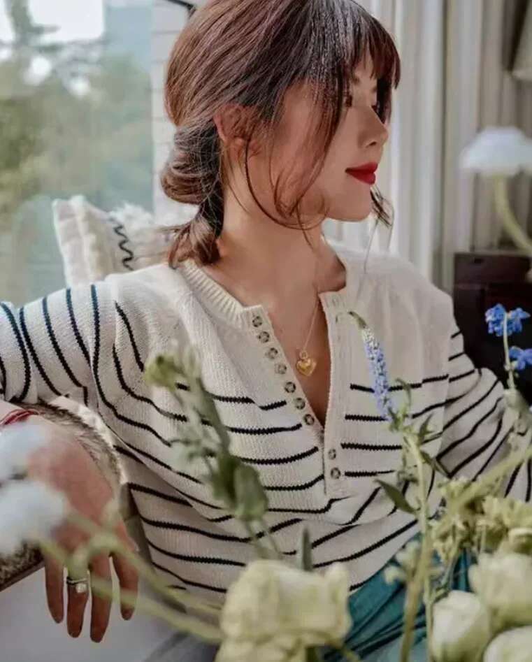 100% Cotton Striped Button Round Neck Knitted Sweater Loose Long Sleeve Women Pullovers 2025 Autumn Clothes