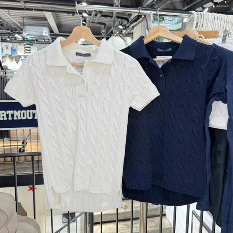 Women's Polos Twist Knitted Spring Clothes 2025 Turn Down Collar Short Sleeve Tees Girls Vintage Casual T-shirt Sweet Y2k