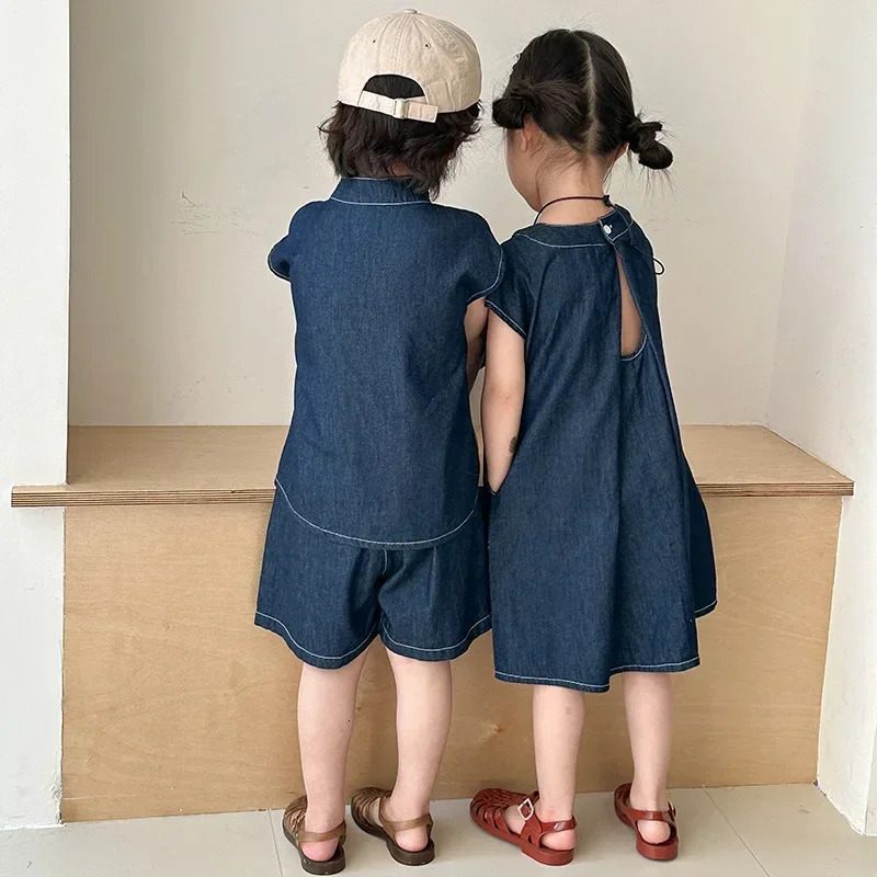 Brother And Sister Clothes Summer Childrens Denim Suit Boy Vest short Or Girl Backless Dress 250304