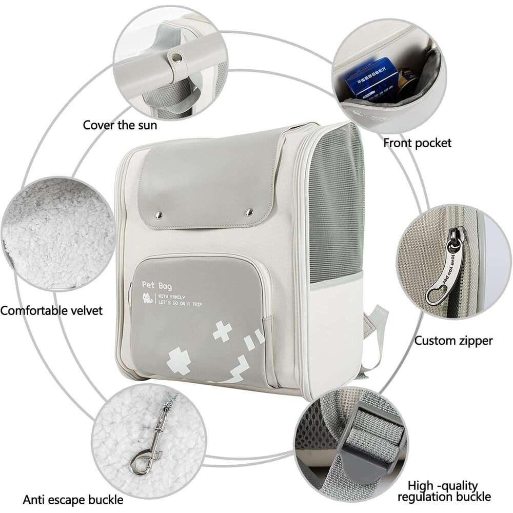 DHpet Airline-Approved Pet Backpack - Grey, with Safety Lock, Ventilated & Comfort Design for Outdoor Trips