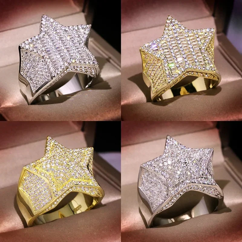 Hip Hop Five Star Rings Mens Gold Silver Color Iced Out Cubic Zirconia Jewelry Ring Gifts Couple Wedding Rings Women Jewelry 250227