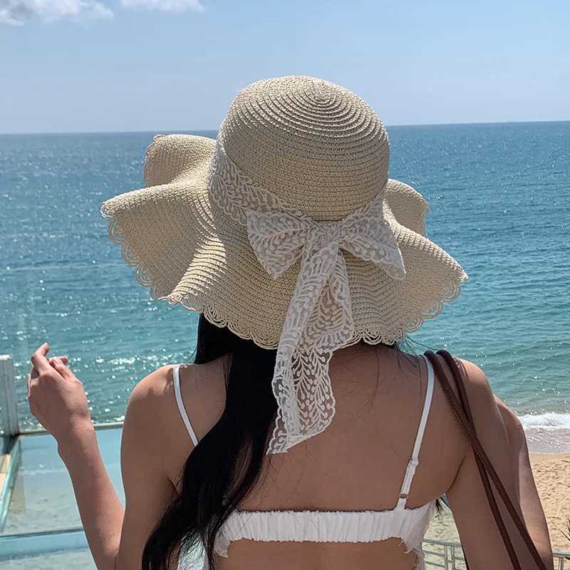 Womens Str Hat Spring and Summer Lace Bow Large Brim Breathable Foldable Sunshade Cs Beach C Sweet Fisherman Hat S131XJ250304