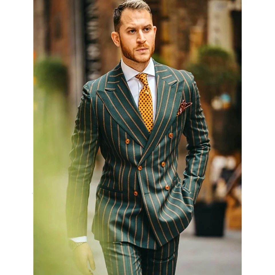 2 Piece Green Orange Striped Fashion Men Suits Slim Fit Double Breasted Classic For Wedding Groom Blazer And Pants Outfits 250224Z