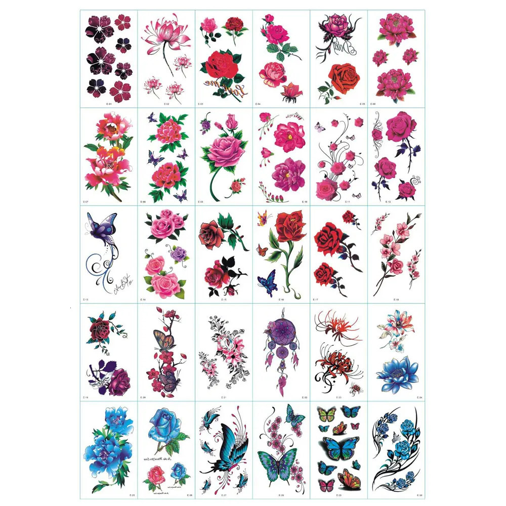 30pcs Color Flower Tattoo Stickers Butterfly Temporary Tattoos for Women Blossom Rose Hand Body Decor 250219
