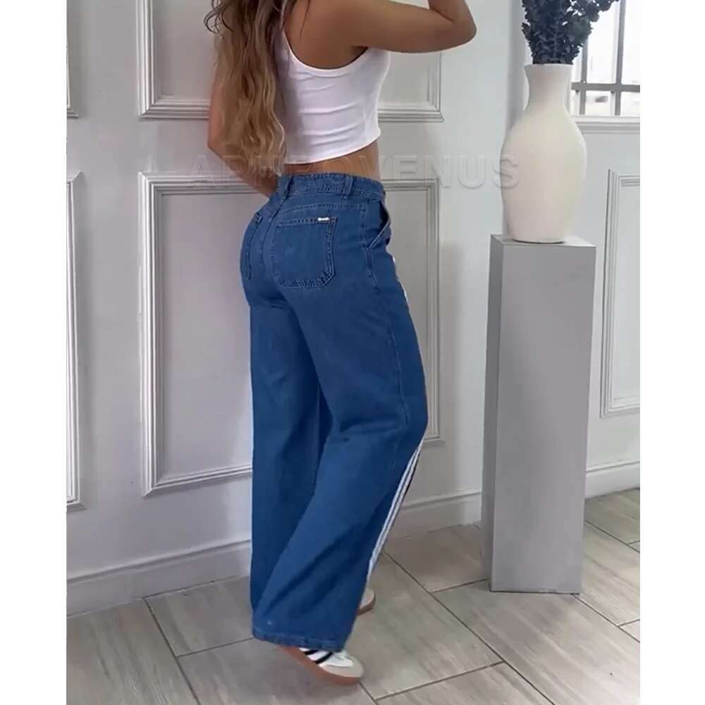 Women Vintage Blue Straight Pants Wide-Leg Denim Trousers Streetwear Fashion Casual Baggy High Street Jeans