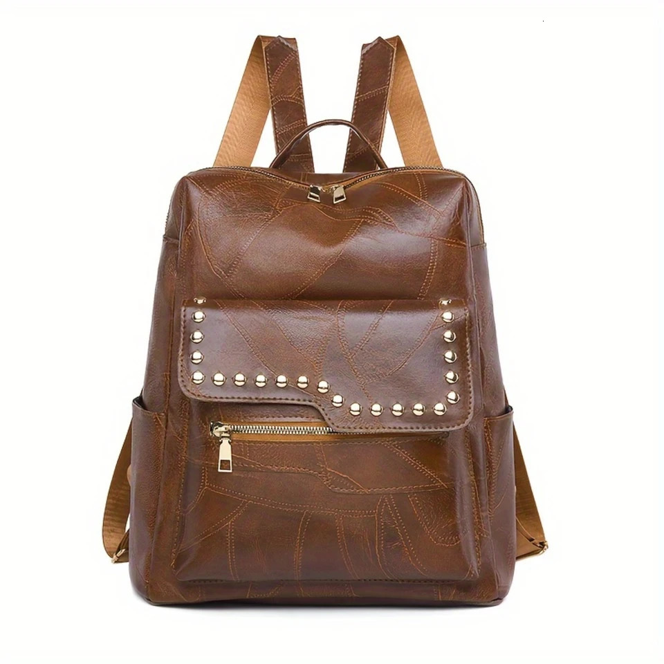 Ship from US Retro Studded Backpack Casual Vegan Leather Knapsack Portable Computer Daypack Schoolbag Travel Work Rucksack 250304FBB