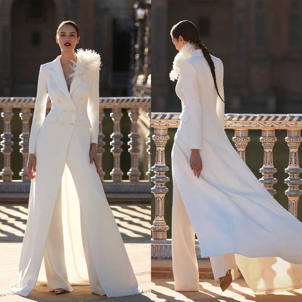 Double Breasted Women Pants Suits Ladies Long Jacket With Feather Formal Birthday Party Wear 2 Pieces Customized Coat