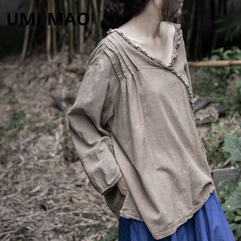 UMI MAO Cotton Hemp T-Shirt Spring Autumn Vintage Design Organ Fold Hoodie Loose And Slim V-Neck Lace Top Femme Y2k