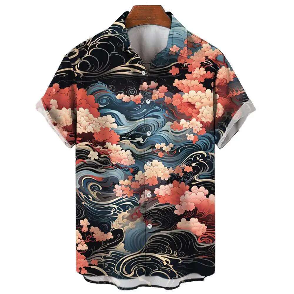 2025 New Shan Hai Jing Ukiyo-e Wave And Cloud Print Men's Designer Short Sleeved Shirt Casual Daily Summer Fashion Street Comfortable Trendy Top 