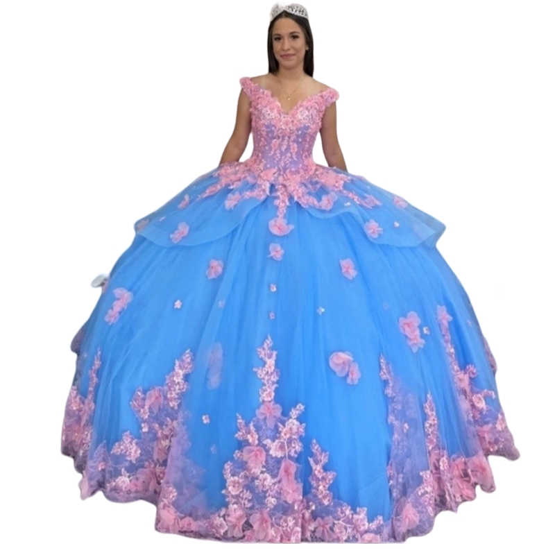Exquisite Blue And Pink Princess Quinceanera Dress With 3D Floral Appliques V-neck Off Shoulder Prom Occasion Sweet 16 Dresses Lace-Up Back