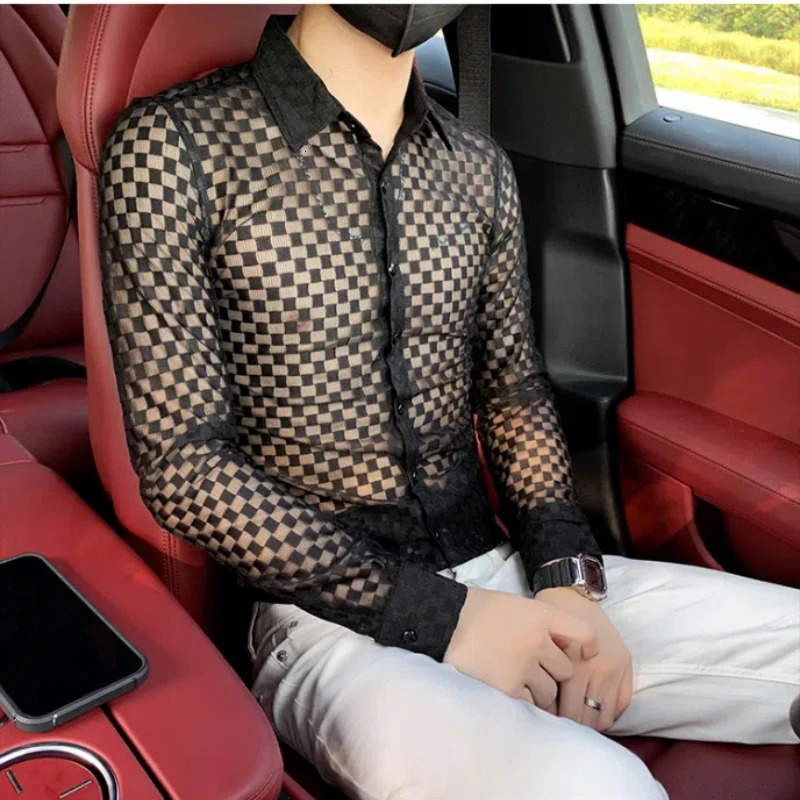 Spring Autumn Fashion Plaid a Peaked Collar Mens Clothing Shirts Long Sleeve Button Hollow Out Slim Korean Chaopai Blouse 250304