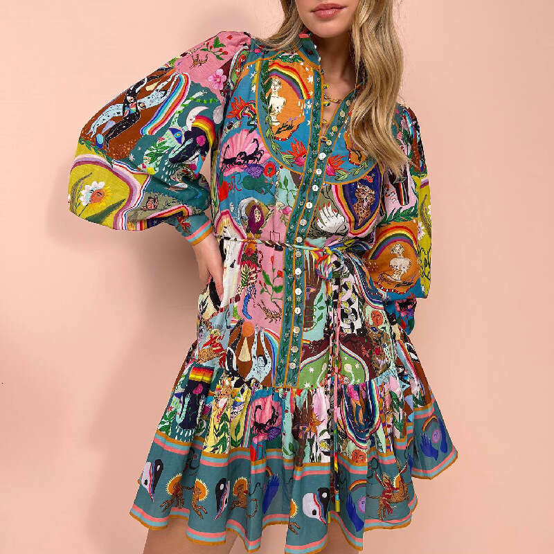 Autumn/Winter European American Long sleeved Printed Strap Cotton Hemp pleated Dress for Women 2025 New Style, Unique and Elegant Clothing