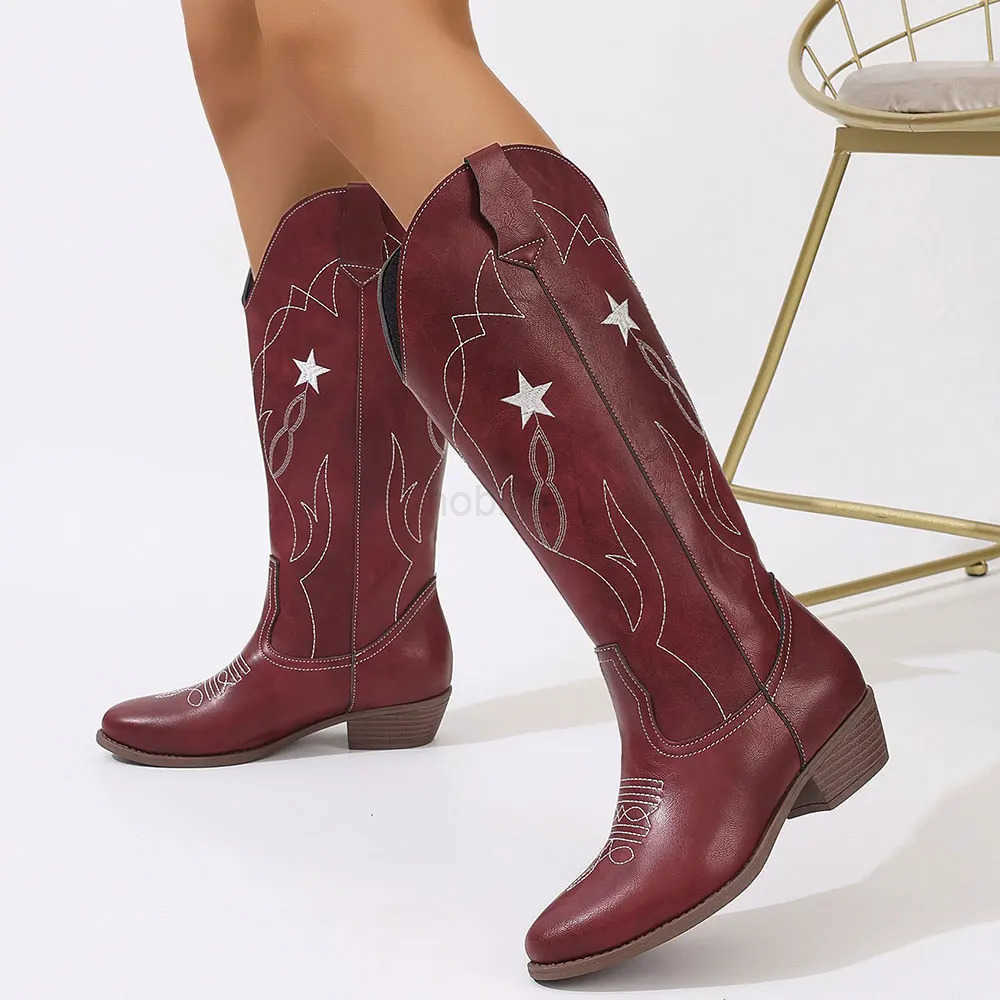 Brand New Plus size 42 Block H Vintage Black Cowboy Boots Wen with stars Country Concert Mid-calf Wern Boots Shoes Z250304