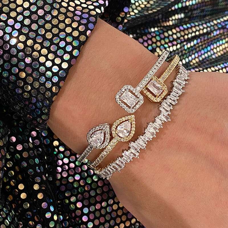 Trendy Cubic Zirconia Adjustable Open Bracelet Cuff Bangles For Women 2023 Gold Color Wedding Jewelry Anniversary Gifts