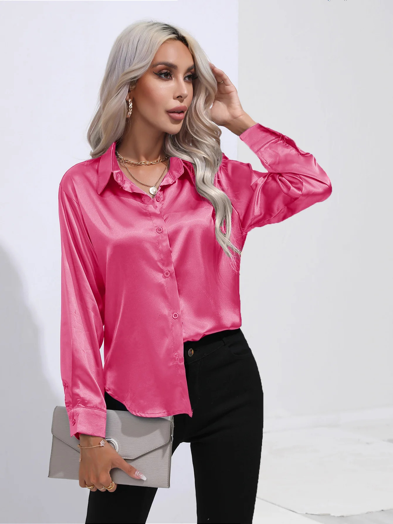 Spring Satin Shirt Women Loose Button Up Blouse Shirt Ladies Silk Long Sleeve Shirt For Women 250303