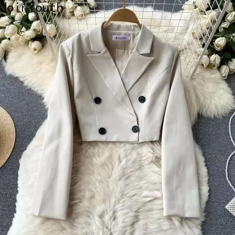 Temperament Women's Clothing 2 Piece Sets Double Breasted Crop Jacket Gauze Ral Tunic Dresses Outfits Fashion Korean Suit